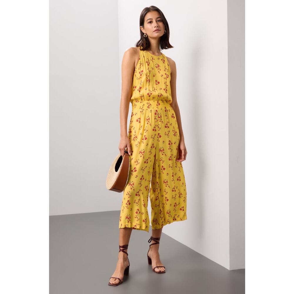 Thakoon Floral Jumpsuit Yellow Smocked Waist Wide Leg Sleeveless Sz 4